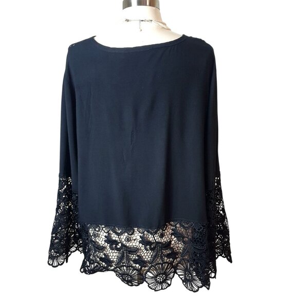 Solitaire Womens Tunic Top 1X Black Crochet Lace-Trim Button Down Cottagecore - Picture 3 of 6